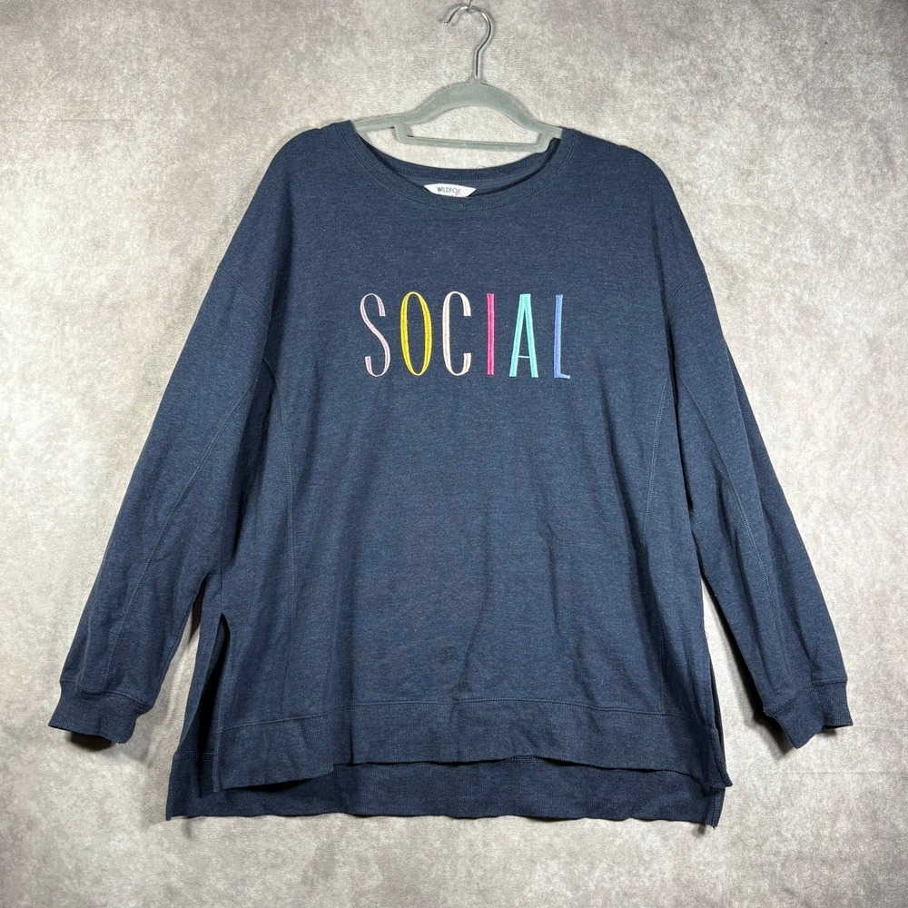 Wildfox Sweater Womens XL Navy Blue Knit Embroidered SOCIAL Pullover Sweatshirt